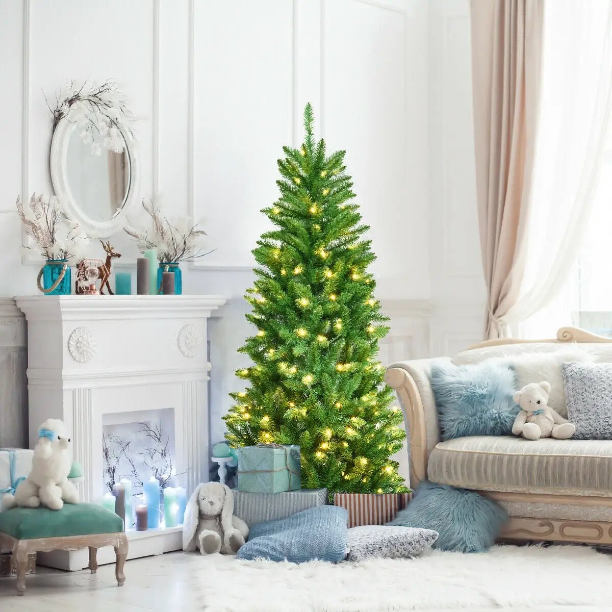6 Feet PVC Hinged Pre-lit Artificial Fir Pencil Christmas Tree with 150 Lights by DirectDeals