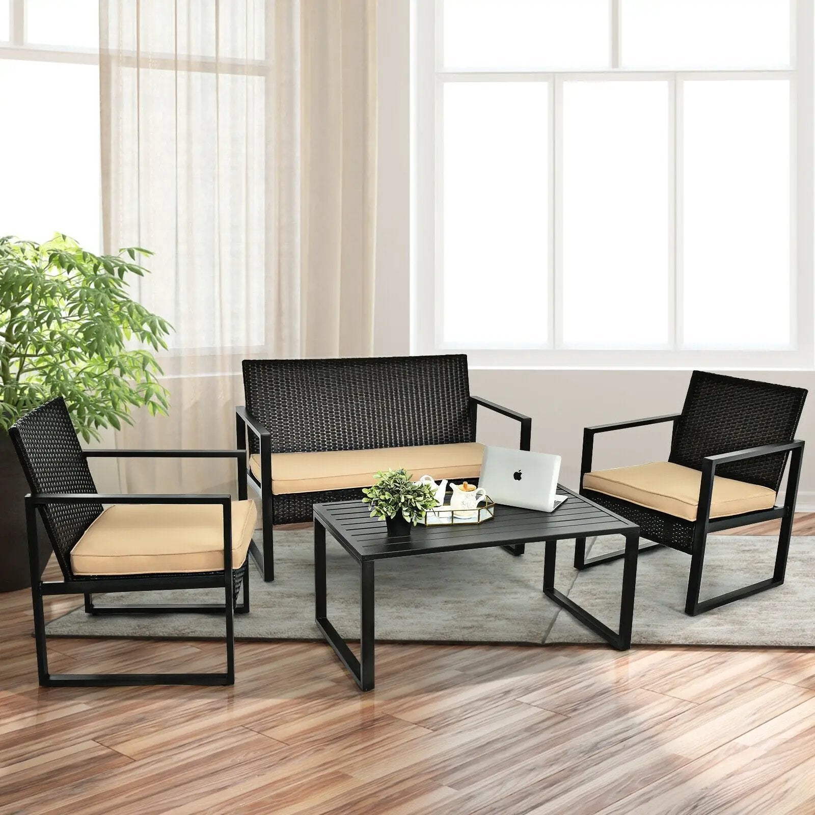4 Pieces Patio Rattan Furniture Set with Seat Cushions and Coffee Table by DirectDeals