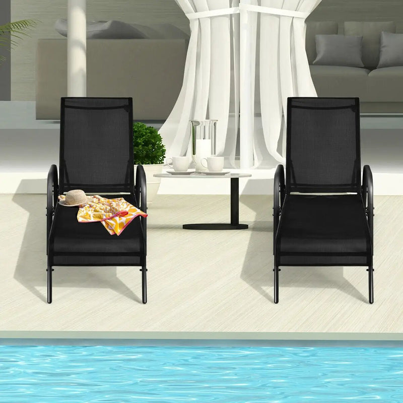 2 Pcs Outdoor Patio Lounge Chair Chaise Fabric with Adjustable Reclining Armrest-Brown by DirectDeals