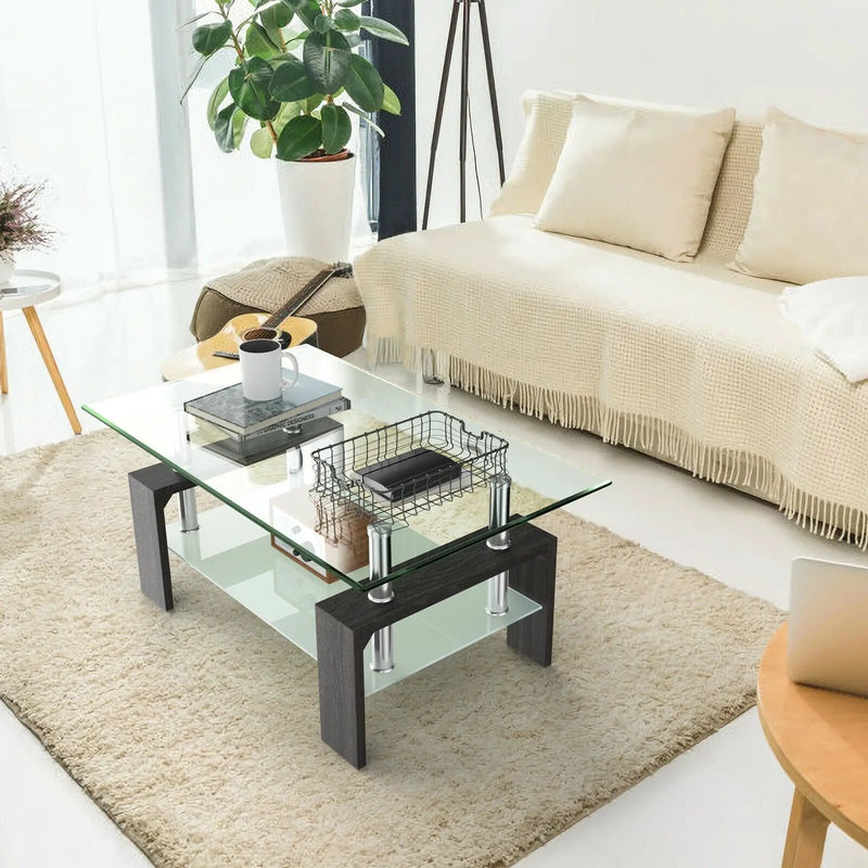 Rectangular Tempered Glass Coffee Table with Shelf by DirectDeals