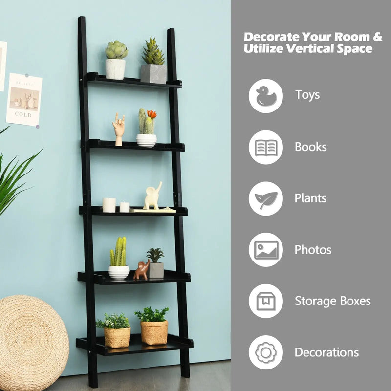 5-Tier Wall-leaning Ladder Shelf Display Rack for Plants and Books by DirectDeals