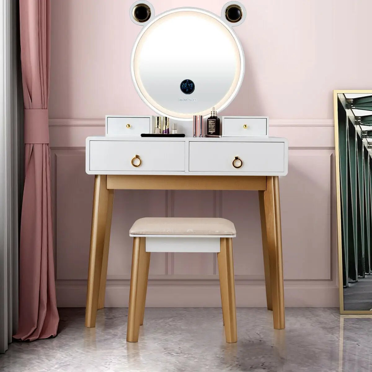 Vanity Set with 3-Color Lighted Touch Screen Dimming Mirror and 4 Drawers by DirectDeals