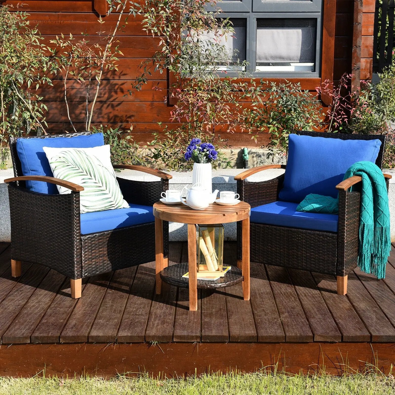 3 Pieces Patio Rattan Furniture Set with Washable Cushion and Acacia Wood Tabletop by DirectDeals