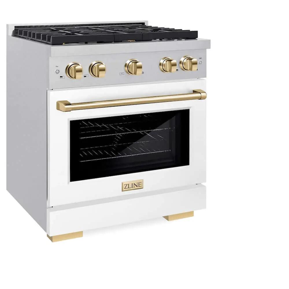 ZLINE 30"Gas Range, Convection Gas Oven, DuraSnow® White Matte, Gold SGRSZ-WM-30-G by Farmhouse Kitchen and Bath