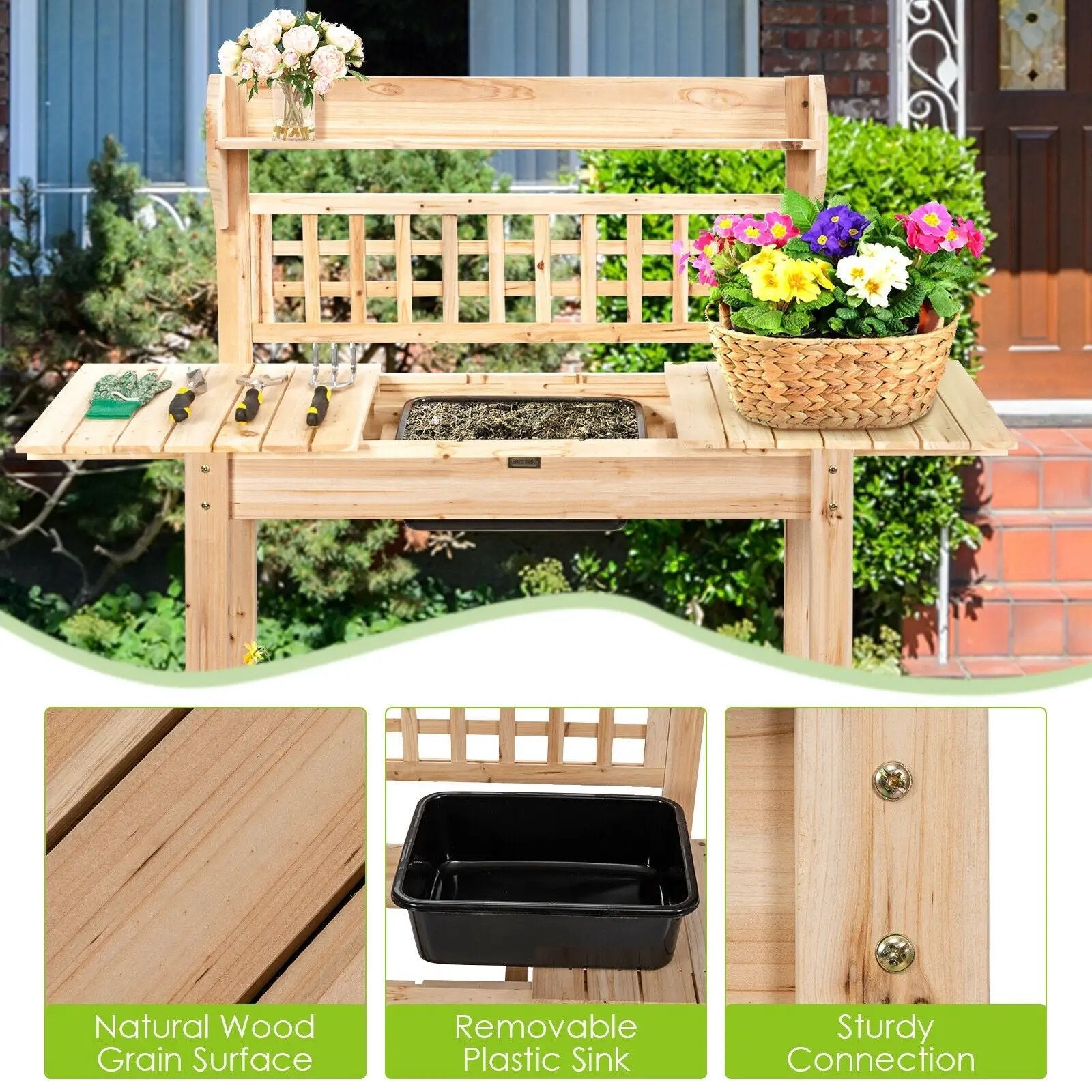 Garden Potting Bench Workstation Table with Sliding Tabletop Sink Shelves by DirectDeals