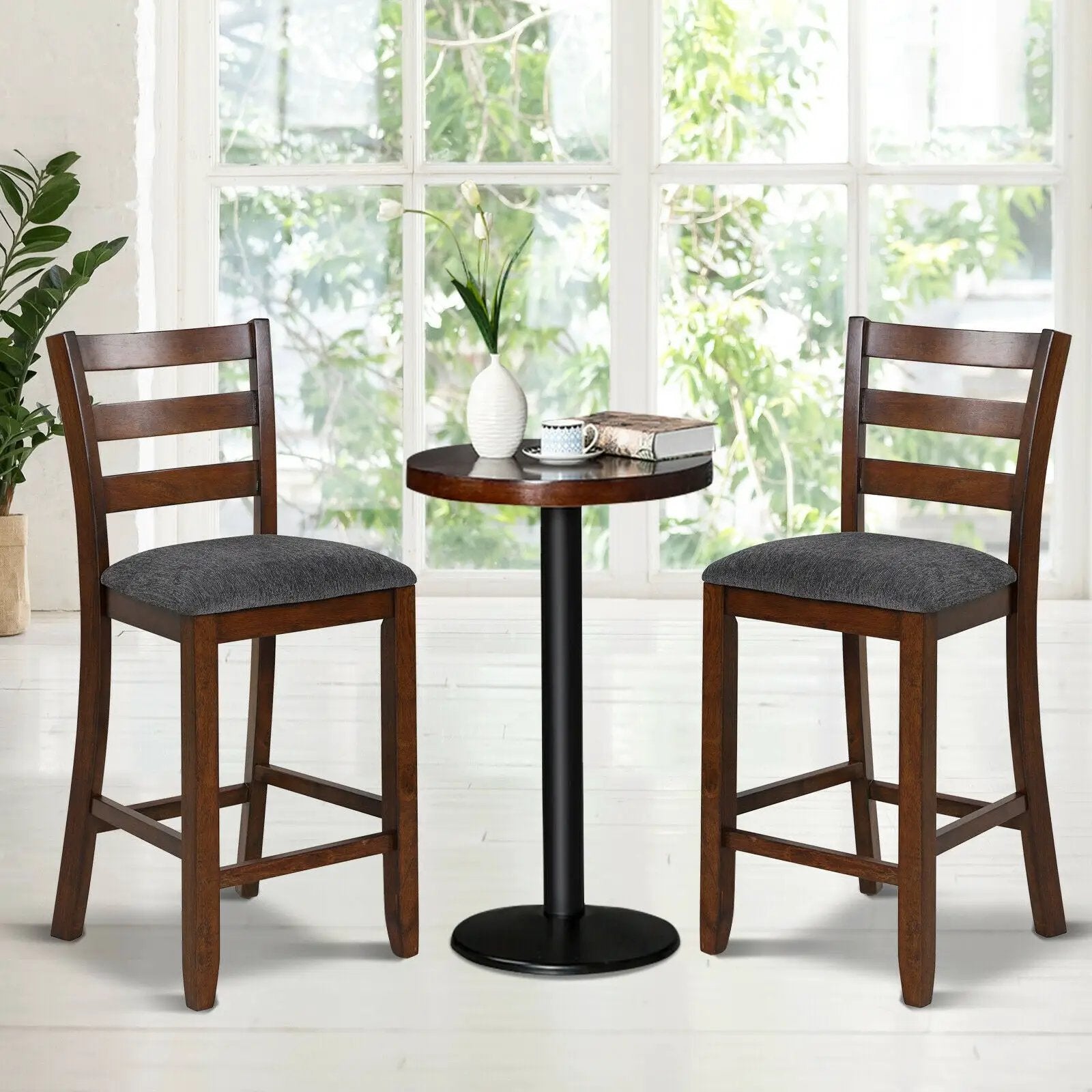 2 Pieces Counter Height Chairs with Fabric Seat and Rubber Wood Legs by DirectDeals