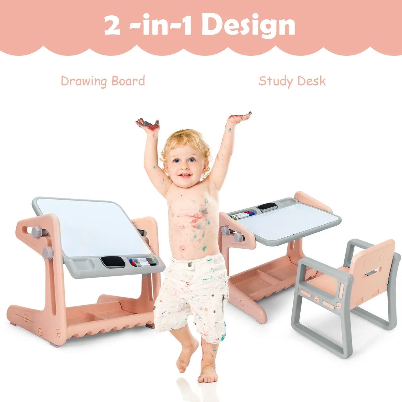 2 in 1 Kids Easel Table and Chair Set with Adjustable Art Painting Board by DirectDeals
