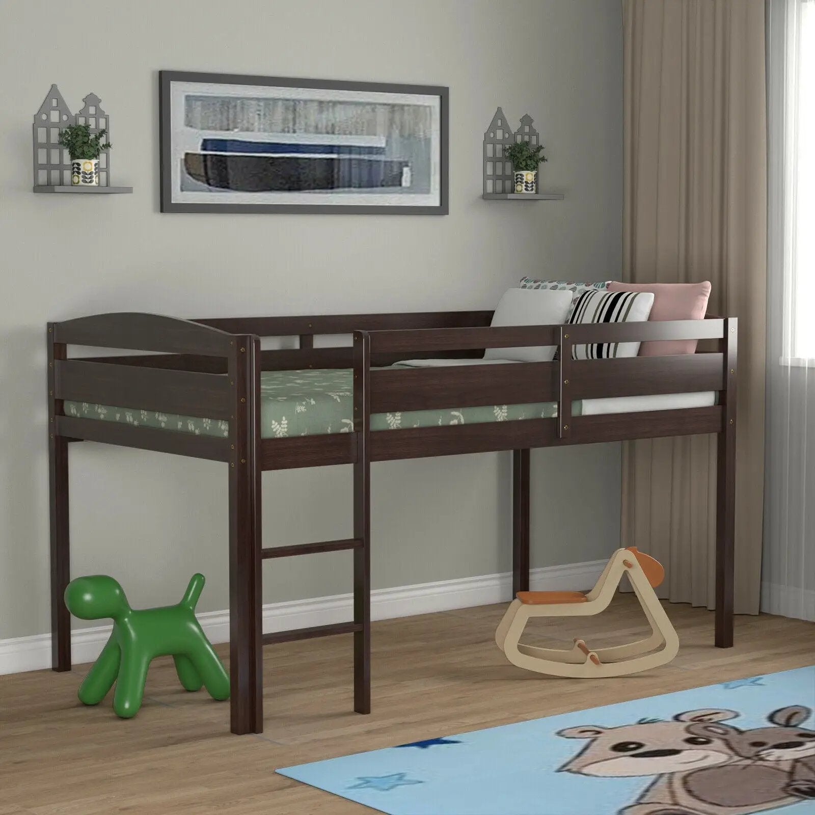 Wooden Twin Low Loft Bunk Bed with Guard Rail and Ladder by DirectDeals
