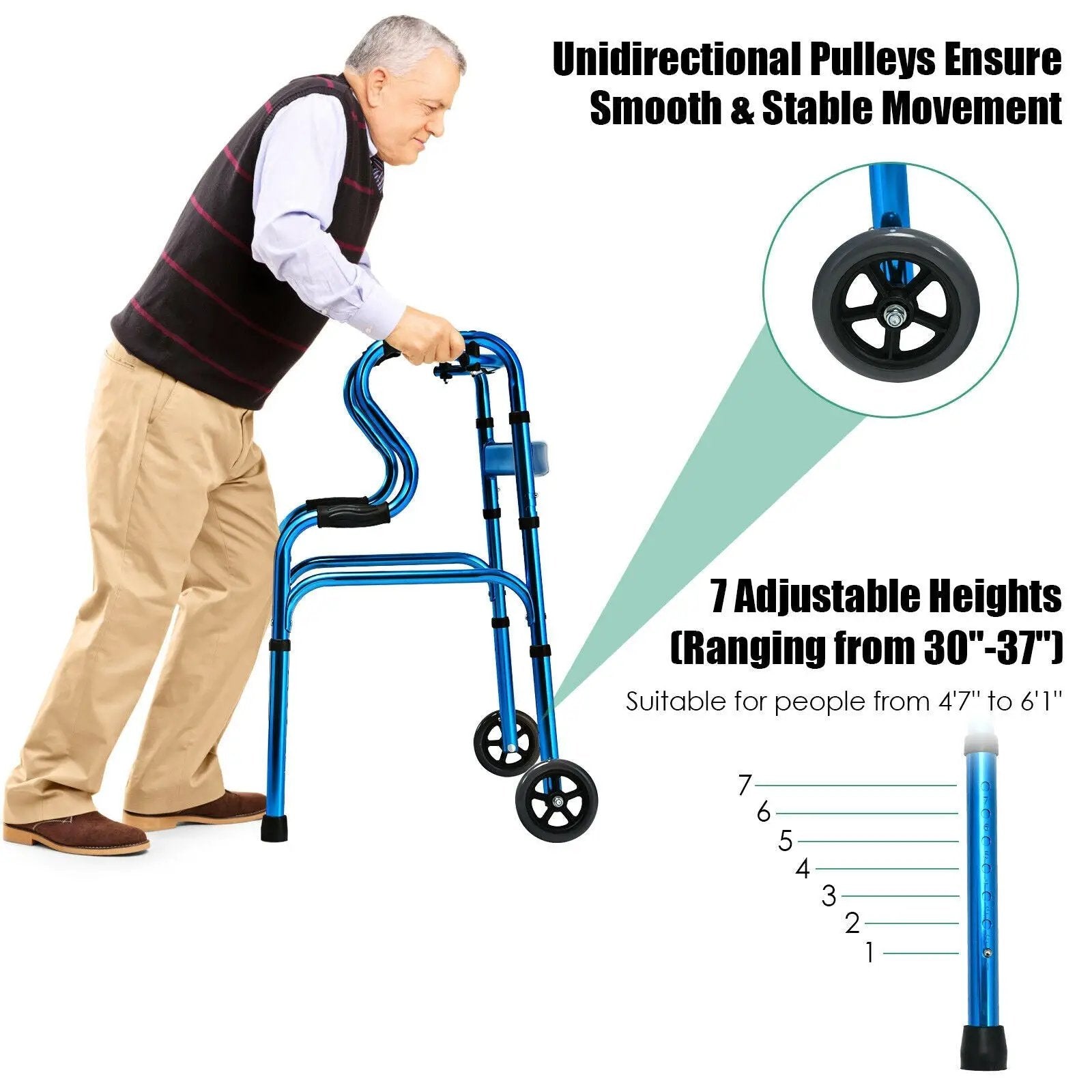 Adjustable Heavy-Duty Folding Walker with Unidirectional Wheels and Bi-Level Armrests-Black by DirectDeals