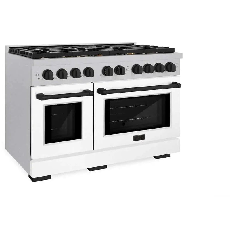 ZLINE 48"Gas Range, Convection Gas Oven, DuraSnow® White Matte, Matte Black SGRSZ-WM-48-MB by Farmhouse Kitchen and Bath