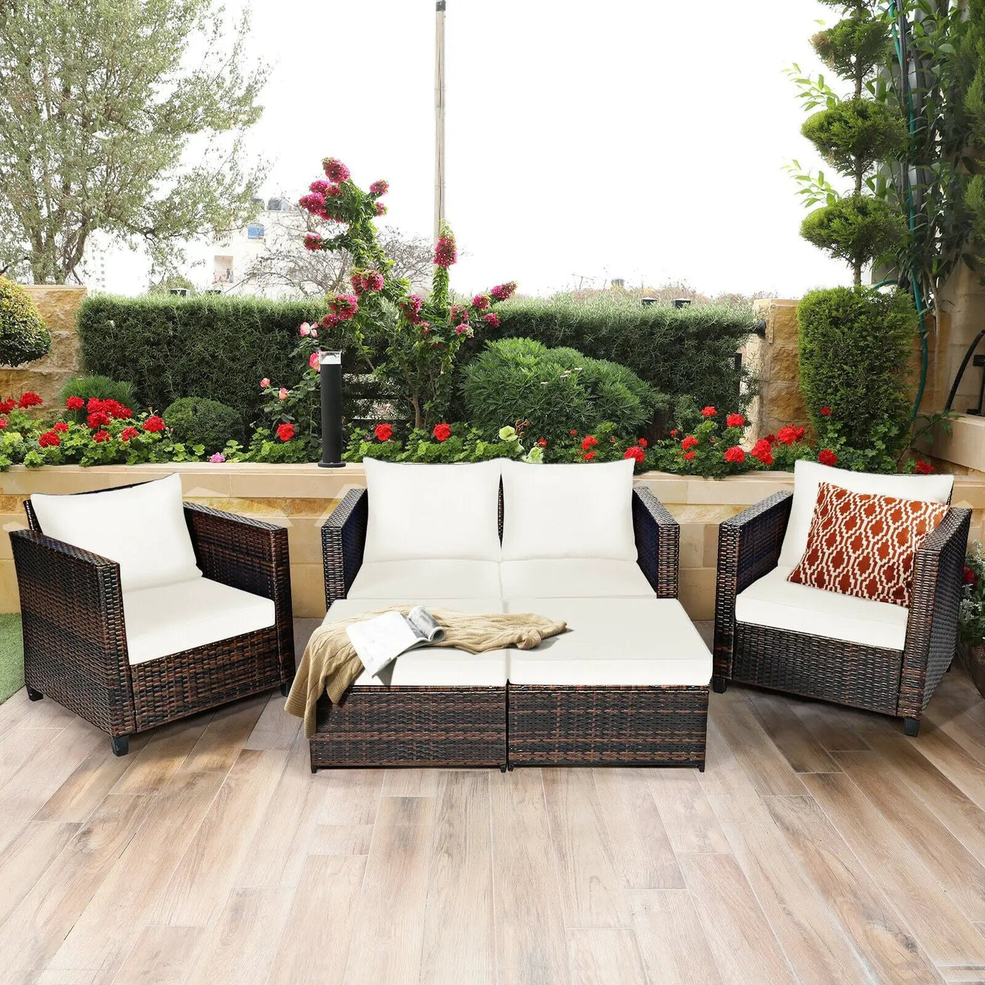 5 Pieces Patio Cushioned Rattan Furniture Set by DirectDeals