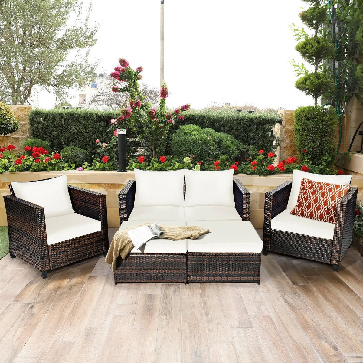 5 Pieces Patio Cushioned Rattan Furniture Set by DirectDeals