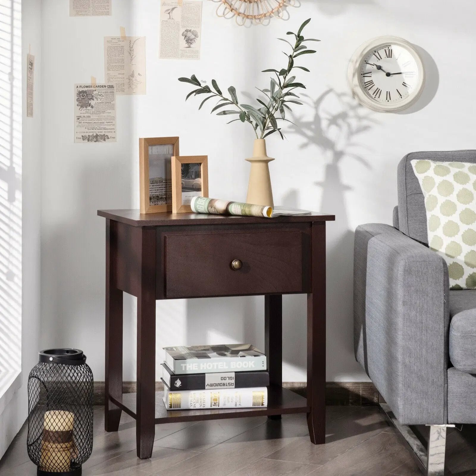 Nightstand with Drawer and Storage Shelf for Bedroom Living Room-Espresso by DirectDeals