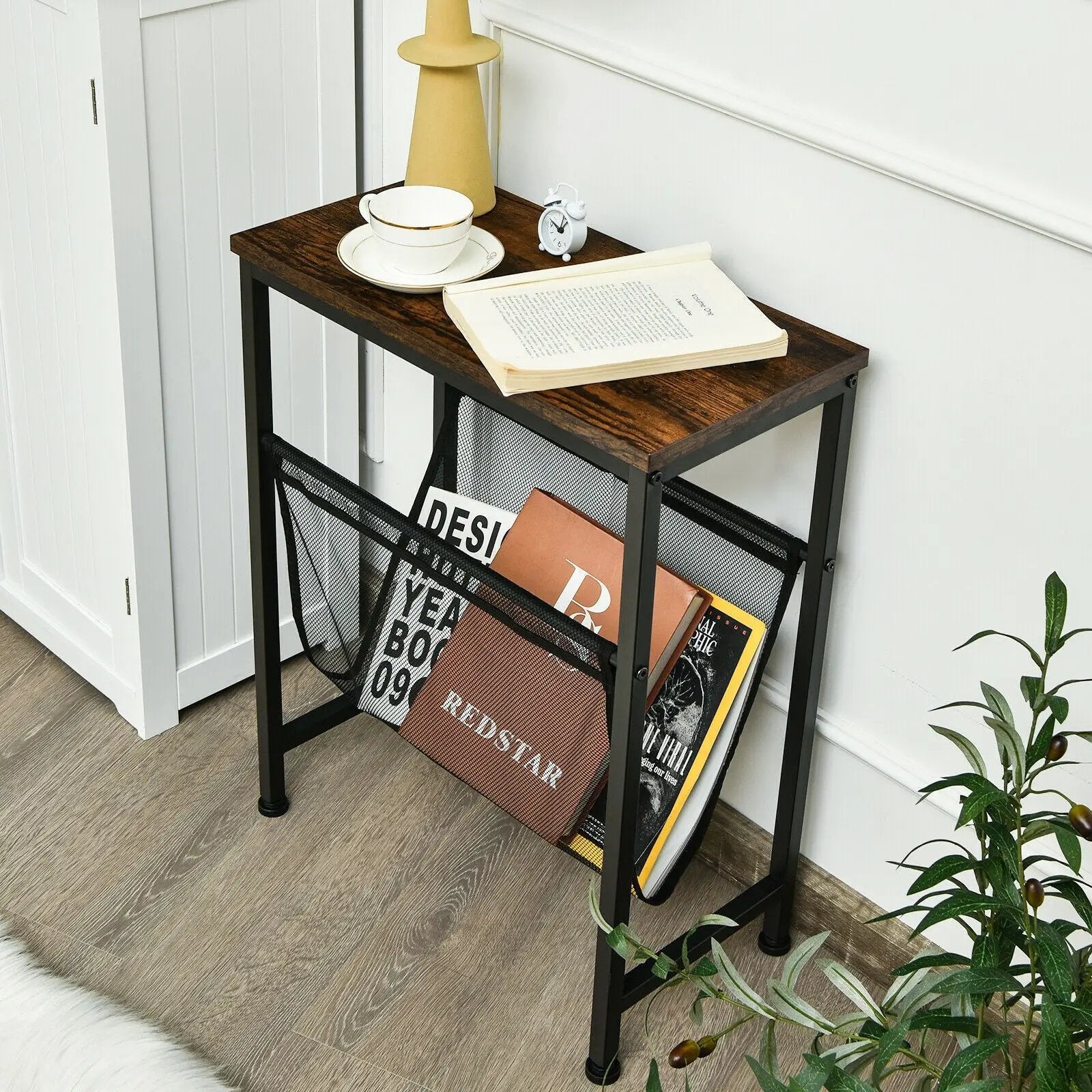 Narrow End Table with Magazine Holder Sling for Small Space by DirectDeals