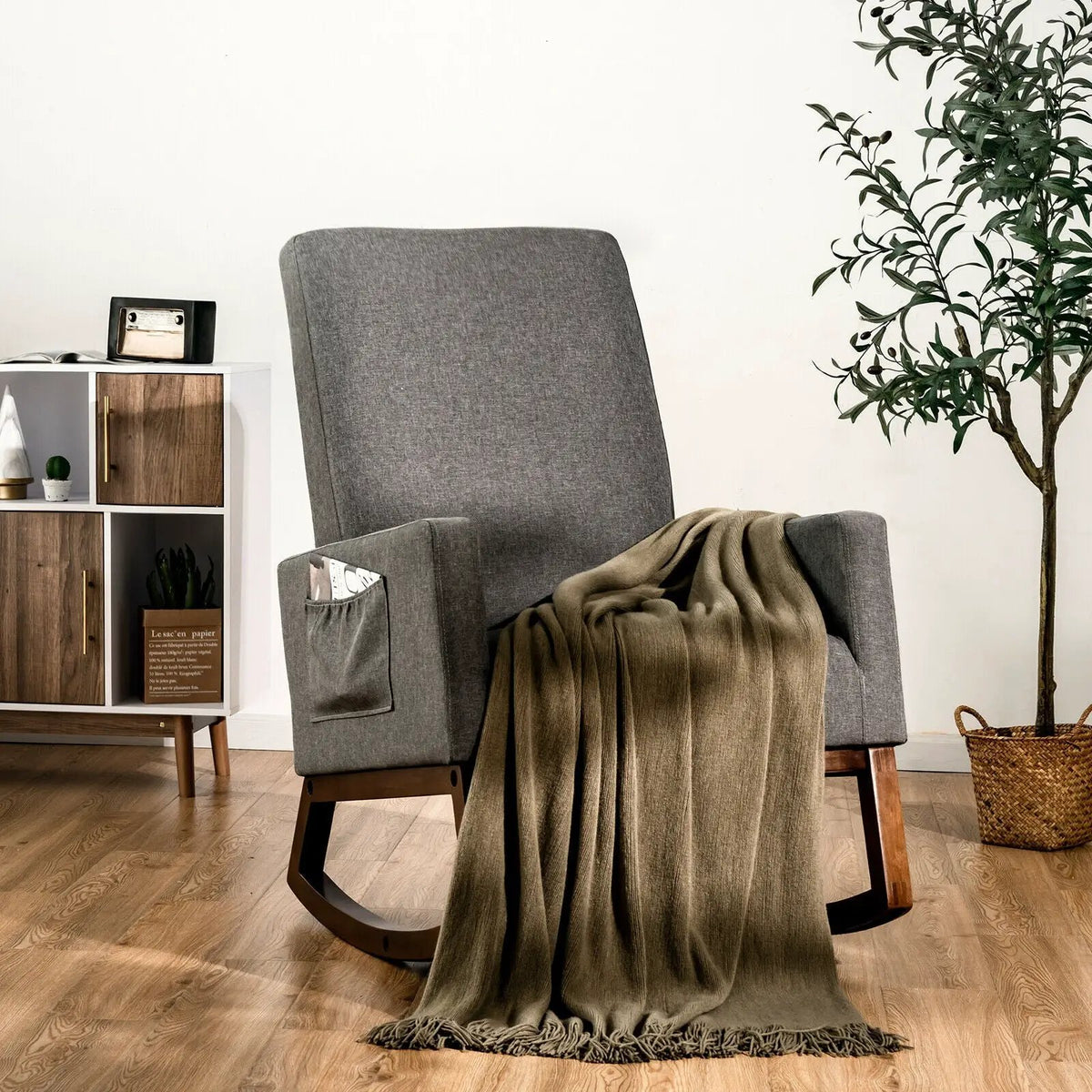 Rocking High Back Upholstered Lounge Armchair with Side Pocket, photo 5 of 9