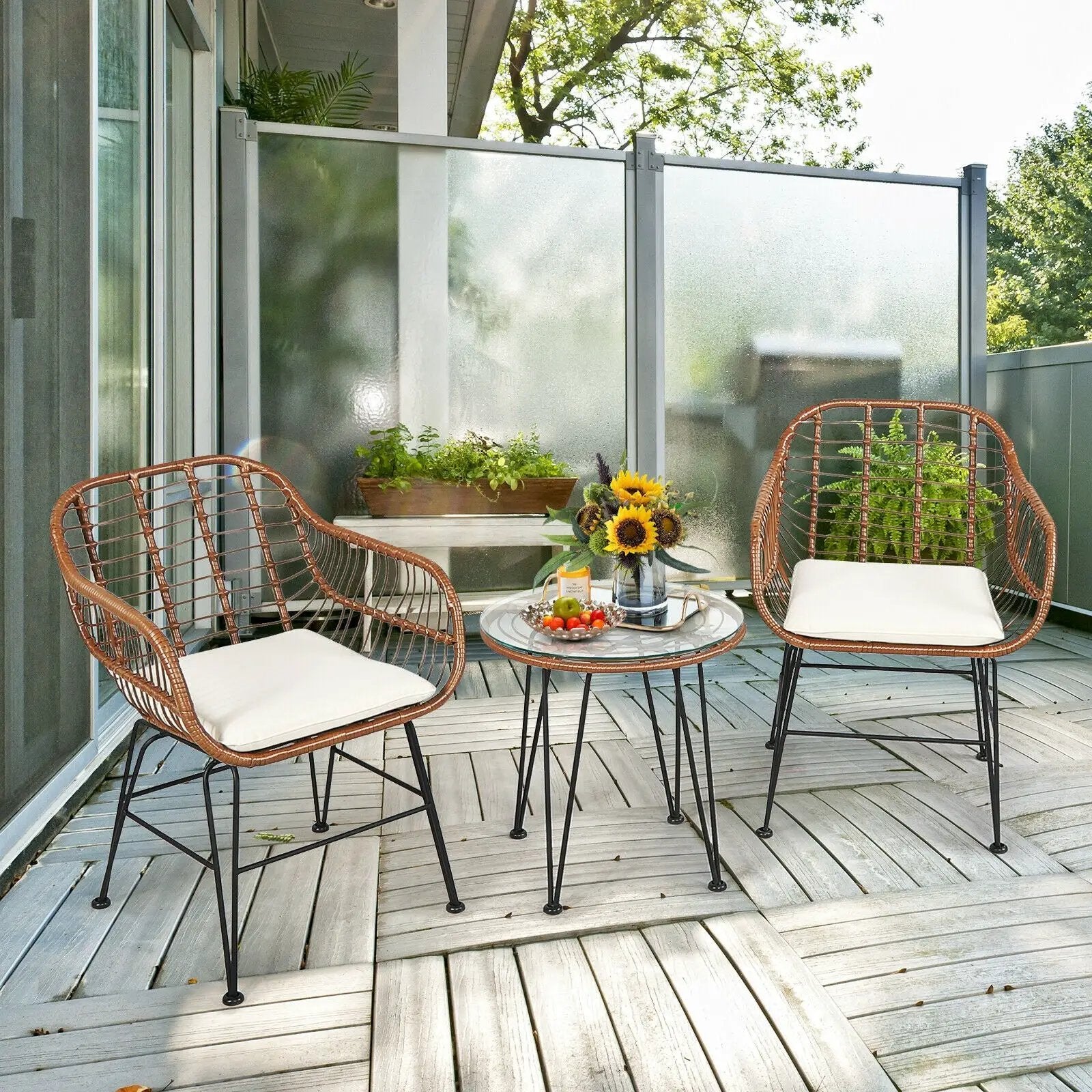 3-Piece Rattan Bistro Set with Cushions and Glass Table by DirectDeals