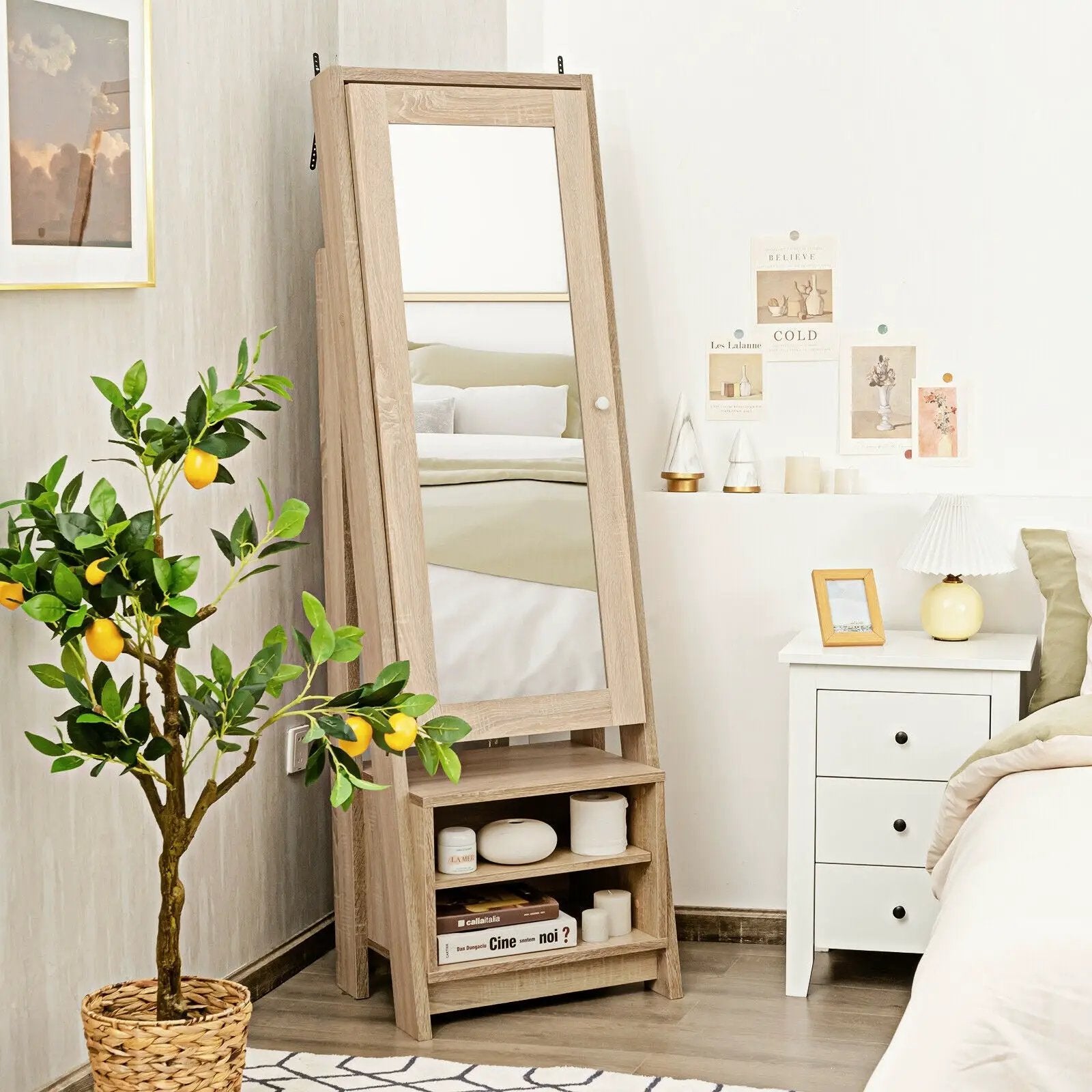 2-in-1 Wooden Cosmetics Storage Cabinet with Full-Length Mirror and Bottom Rack by DirectDeals