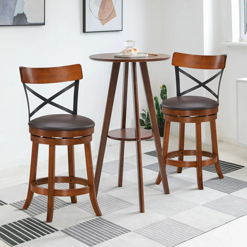 Set of 2 Bar Stools 360-Degree Swivel Dining Bar Chairs with Rubber Wood Legs by DirectDeals