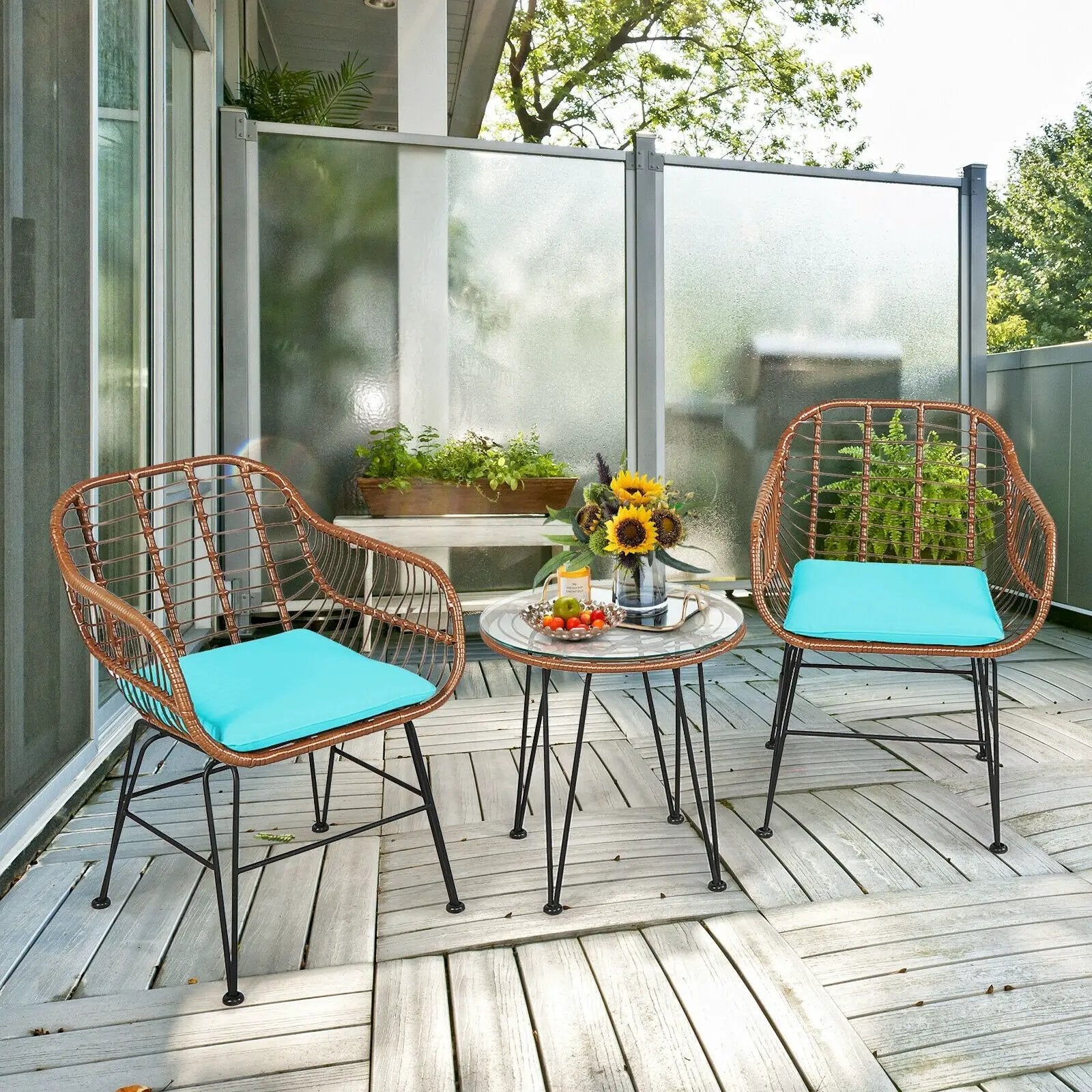 3-Piece Rattan Bistro Set with Cushions and Glass Table by DirectDeals
