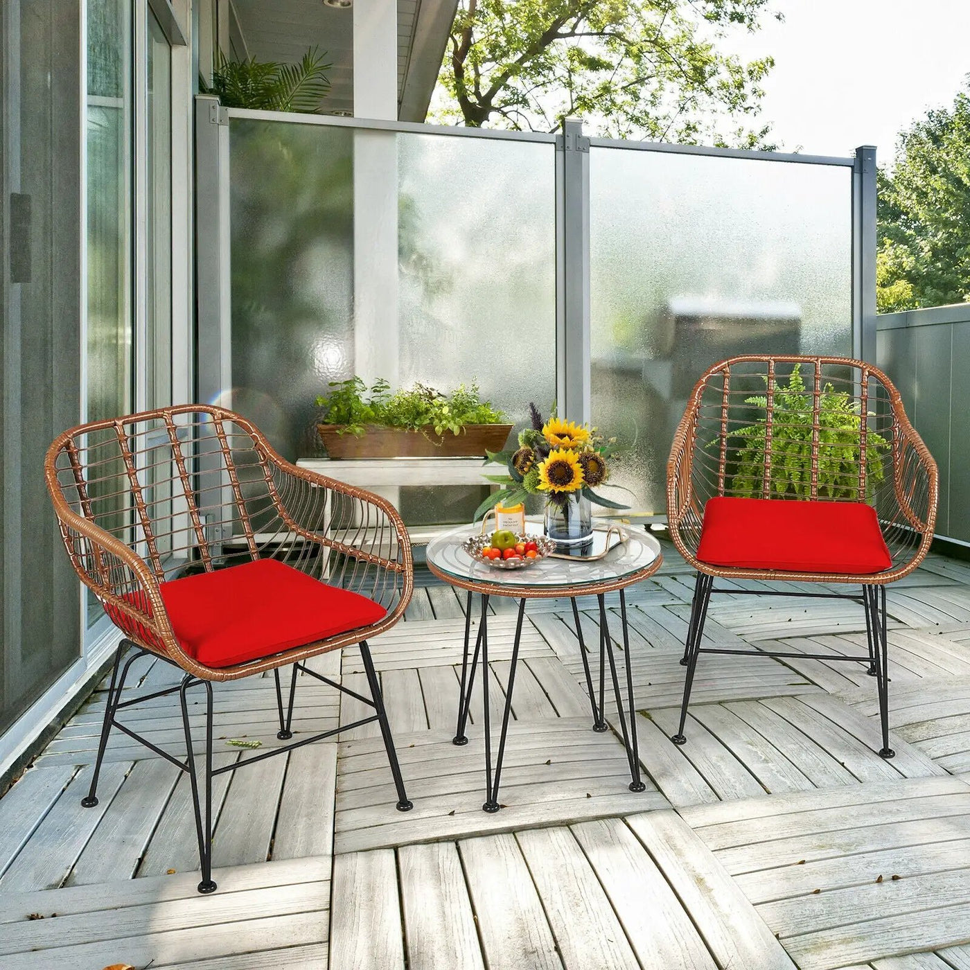 3-Piece Rattan Bistro Set with Cushions and Glass Table by DirectDeals