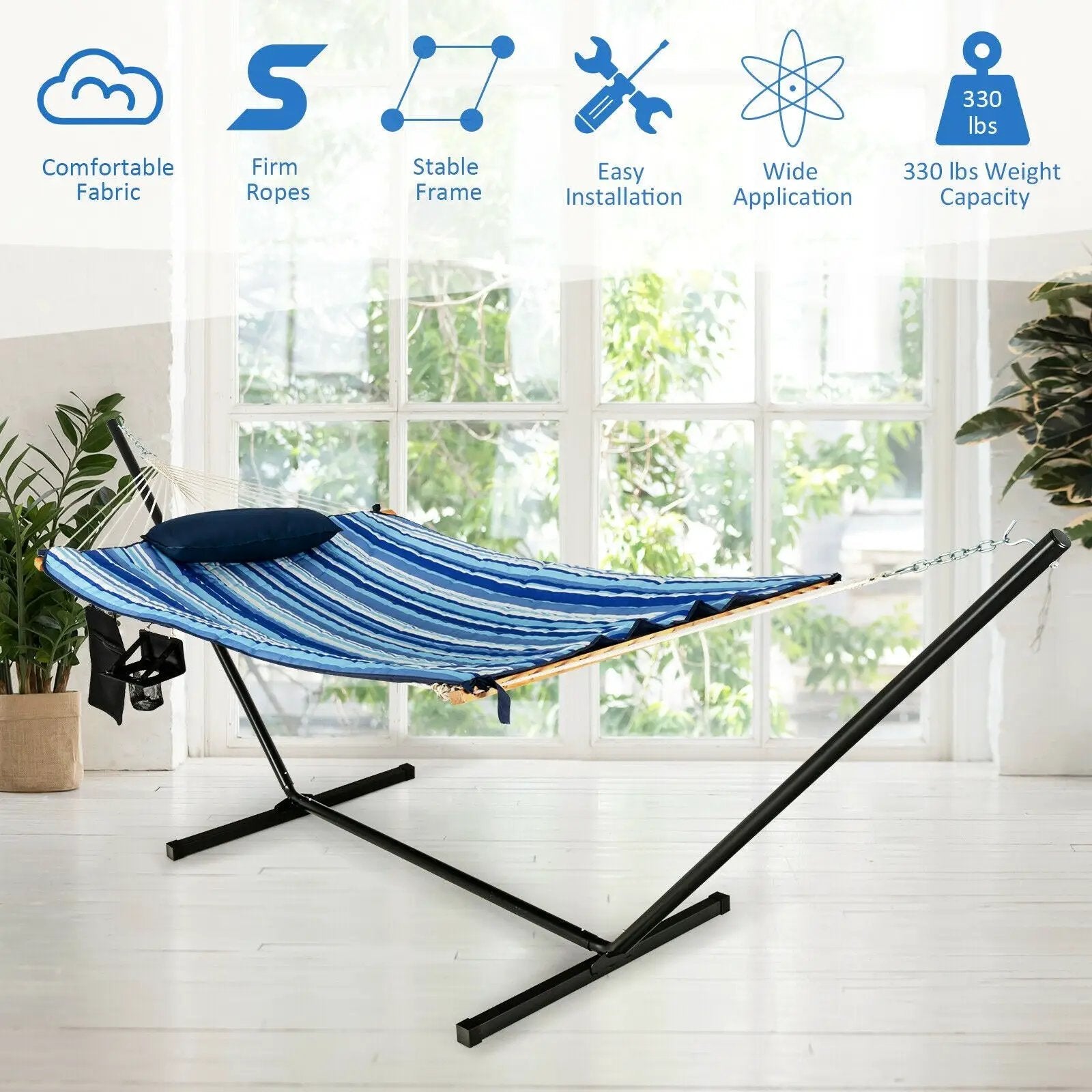 Hammock Chair Stand Set Cotton Swing with Pillow Cup Holder Indoor Outdoor by DirectDeals