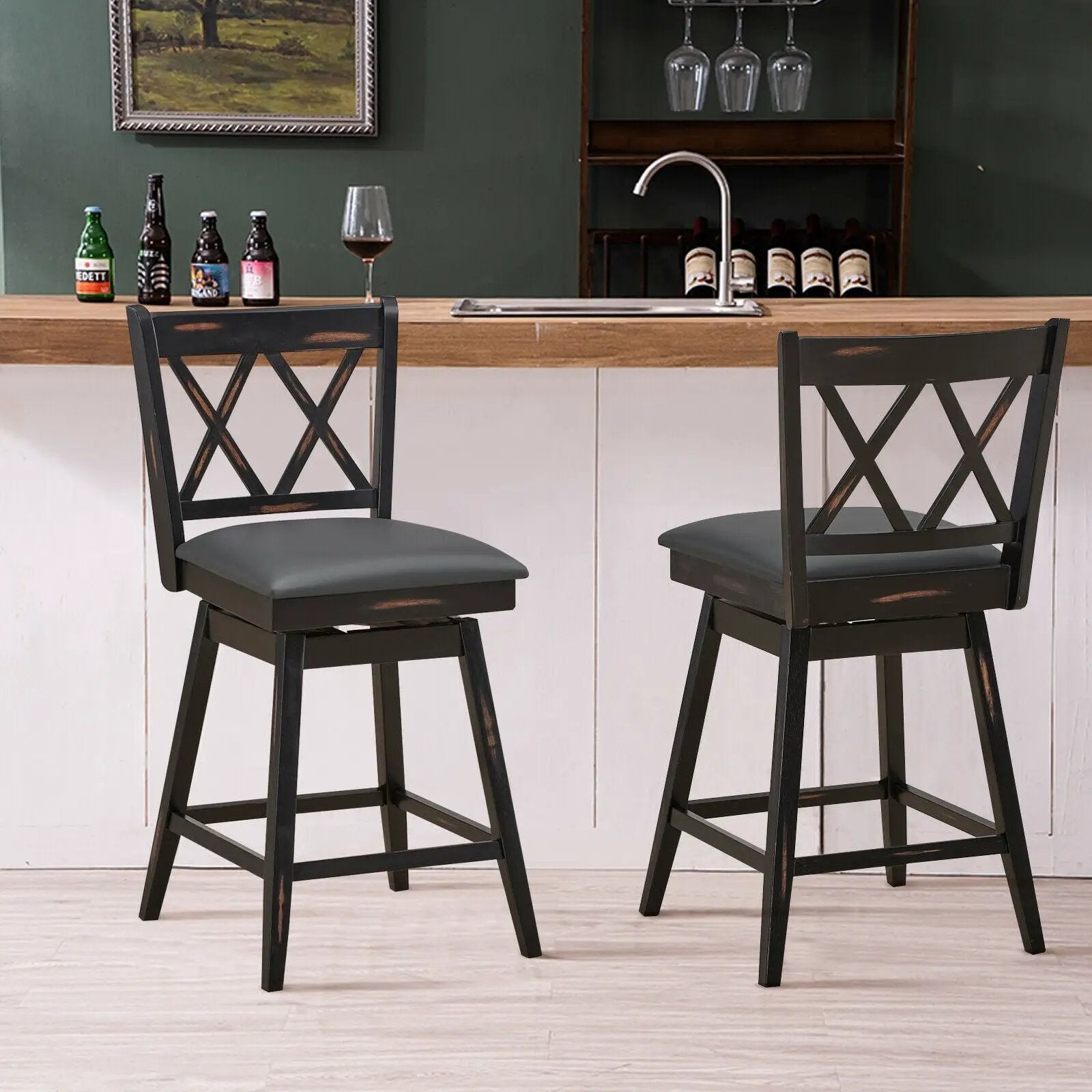 2 Pieces 24 Inch Swivel Counter Height Barstool Set with Rubber Wood Legs by DirectDeals