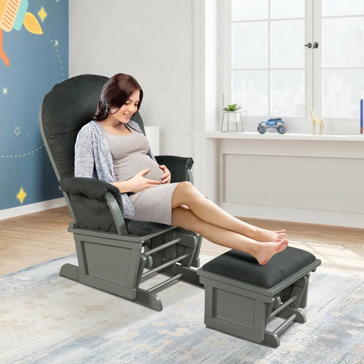 Wood Baby Glider and Ottoman Cushion Set with Padded Armrests for Nursing by DirectDeals