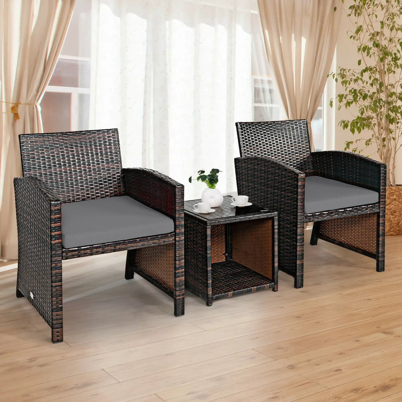 3 Pieces PE Rattan Wicker Furniture Set with Cushion Sofa Coffee Table for Garden by DirectDeals