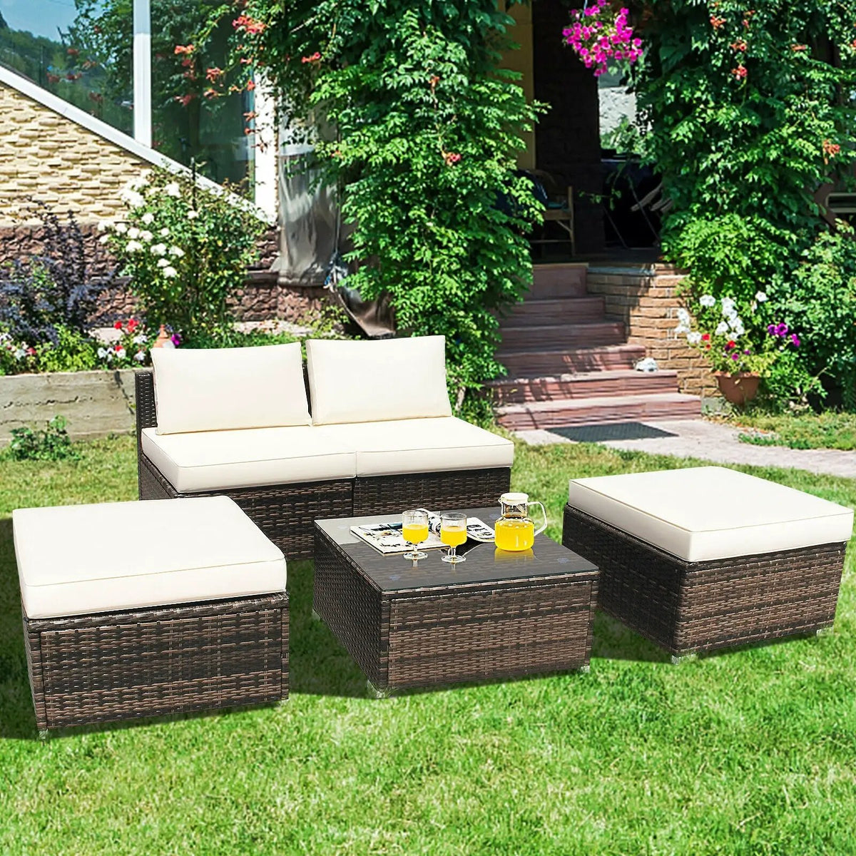 5 Pieces Patio Rattan Furniture Set with Cushioned Armless Sofa, photo 5 of 24