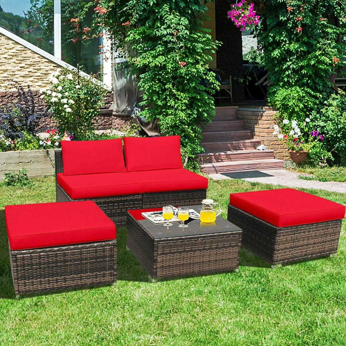 5 Pieces Patio Rattan Furniture Set with Cushioned Armless Sofa, photo 2 of 24