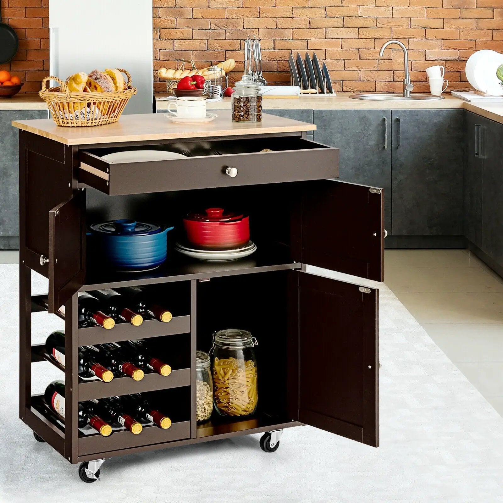 Kitchen Cart with Rubber Wood Top 3 Tier Wine Racks 2 Cabinets by DirectDeals