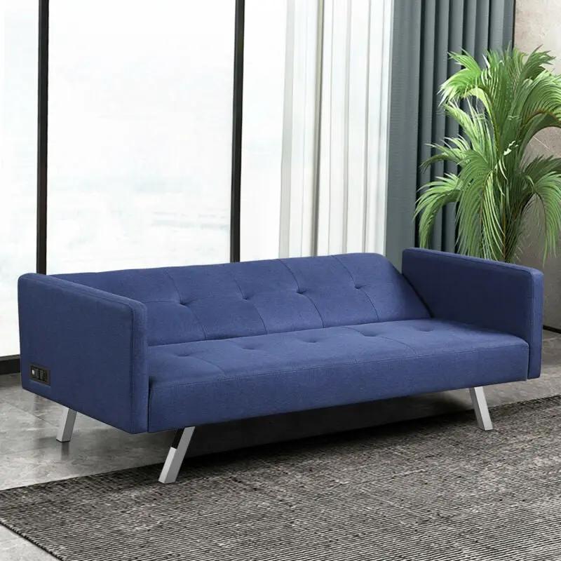 3 Seat Convertible Linen Fabric Futon Sofa with USB and Power Strip by DirectDeals