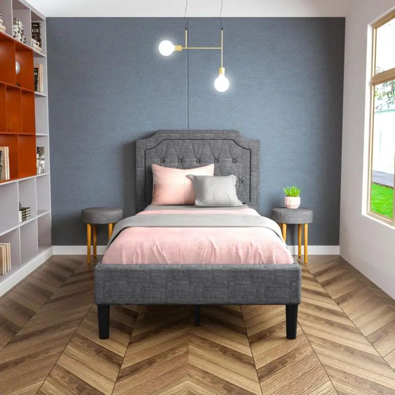 Linen Twin Upholstered Platform Bed with Frame Headboard Mattress Foundation by DirectDeals