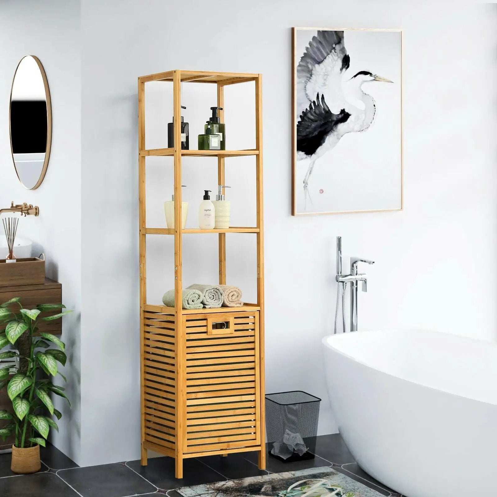 Bamboo Tower Hamper Organizer with 3-Tier Storage Shelves-Natural by DirectDeals