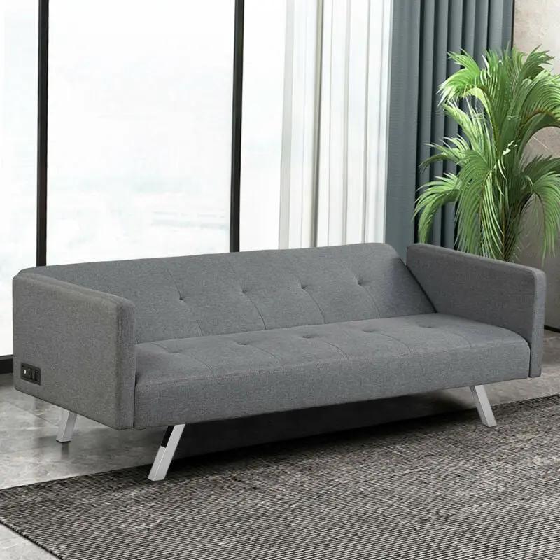 3 Seat Convertible Linen Fabric Futon Sofa with USB and Power Strip, photo 6 of 16