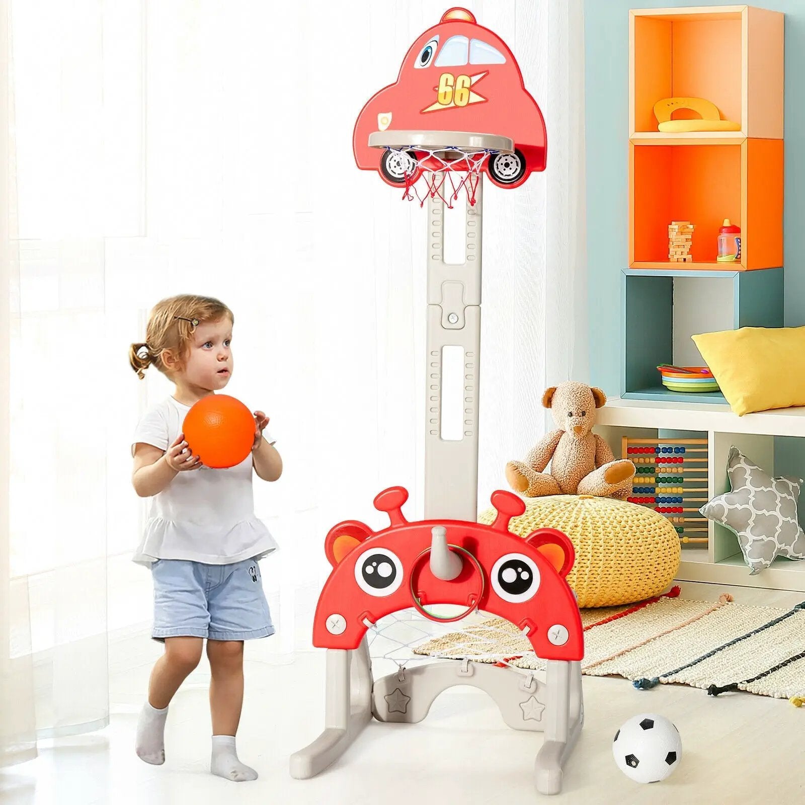 3-in-1 Basketball Hoop for Kids Adjustable Height Playset with Balls-Red by DirectDeals