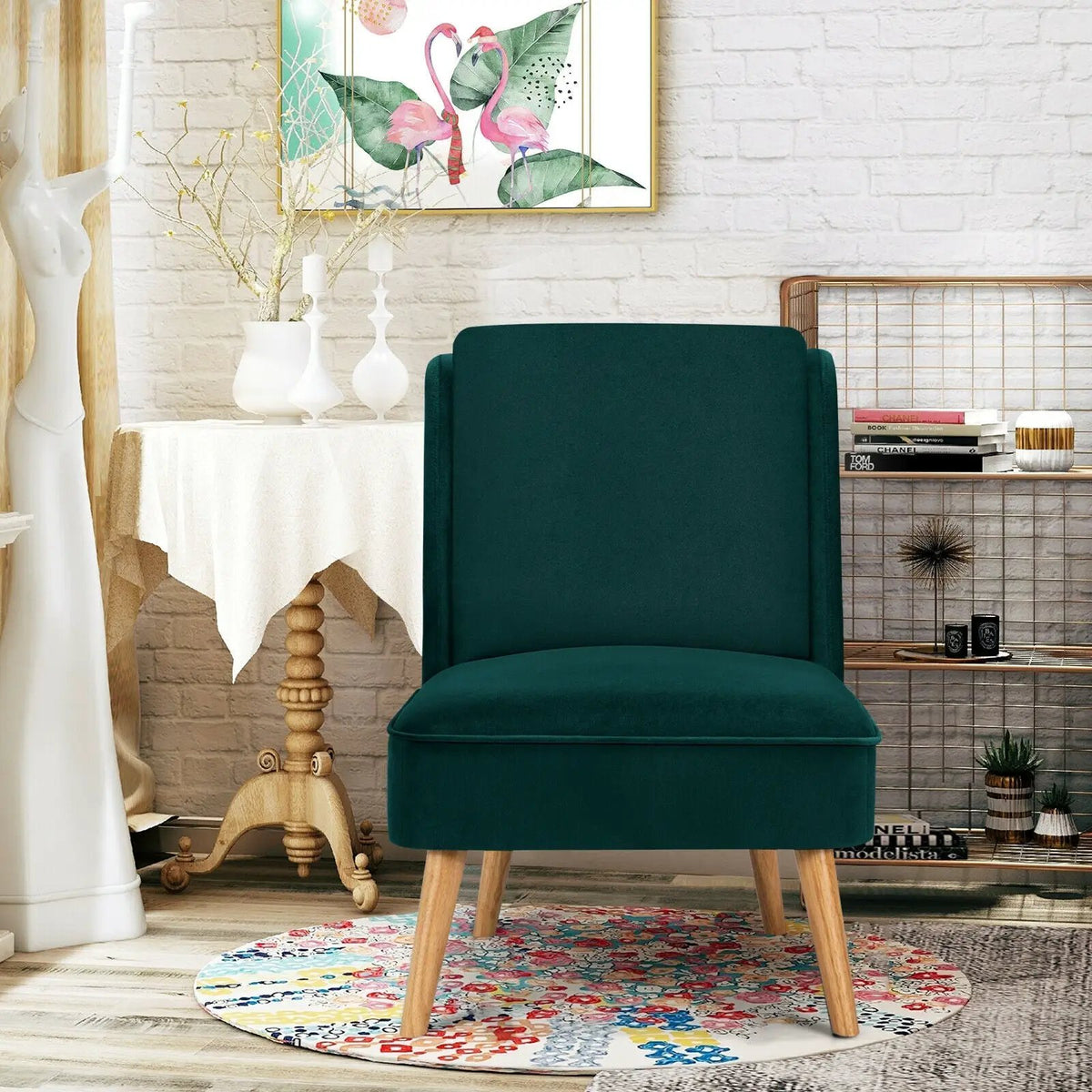Velvet Accent Armless Side Chair with Rubber Wood Legs for Bedroom, photo 17 of 24