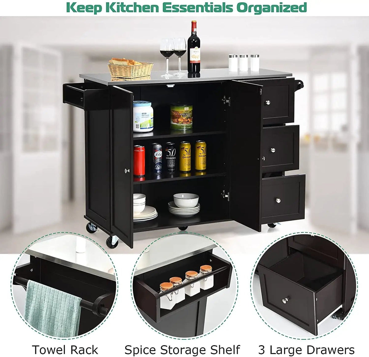 Kitchen Island 2-Door Storage Cabinet with Drawers and Stainless Steel Top, photo 6 of 24