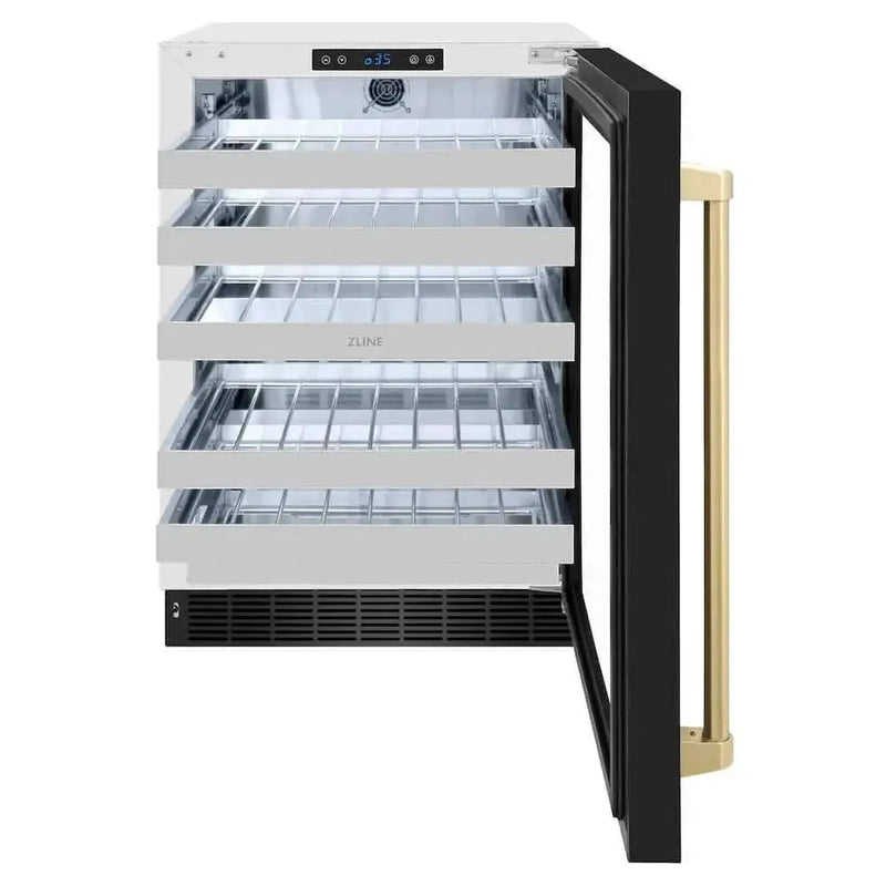 ZLINE 24" Touchstone Dual Zone 44 Bottle Wine Cooler Black Stainless Steel Glass Door Champagne Bronze Handle RWDOZ-BS-24-CB by Farmhouse Kitchen and Bath