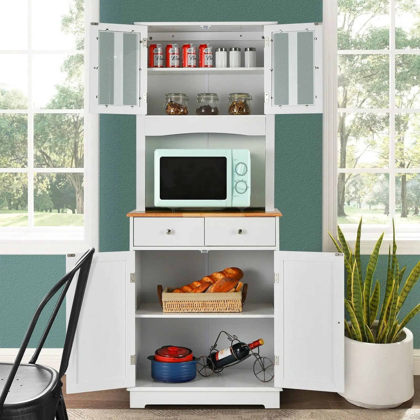 Kitchen Pantry Cabinet with Wood Top and Hutch-White by DirectDeals