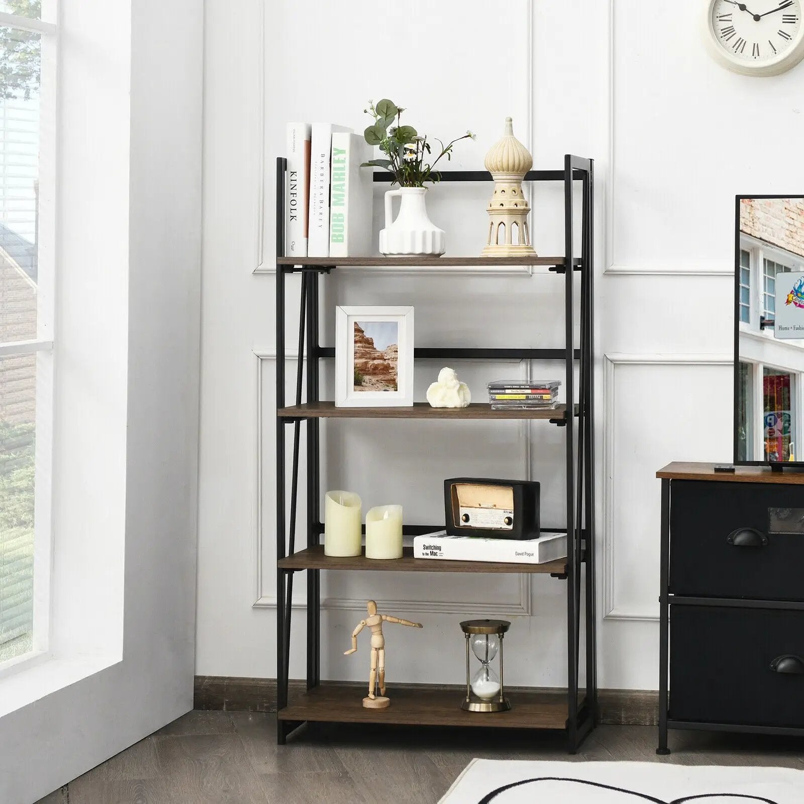 4-Tier Folding Bookshelf No-Assembly Industrial Bookcase Display Shelves by DirectDeals