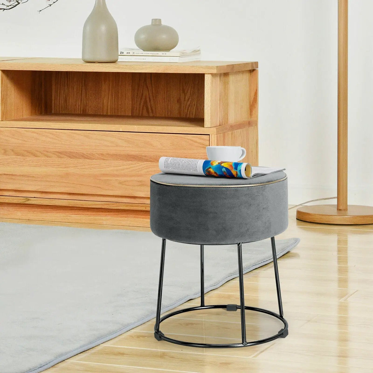 Round Velvet Footrest Stool Ottoman with Non-Slip Foot Pads for Bedside, photo 11 of 16