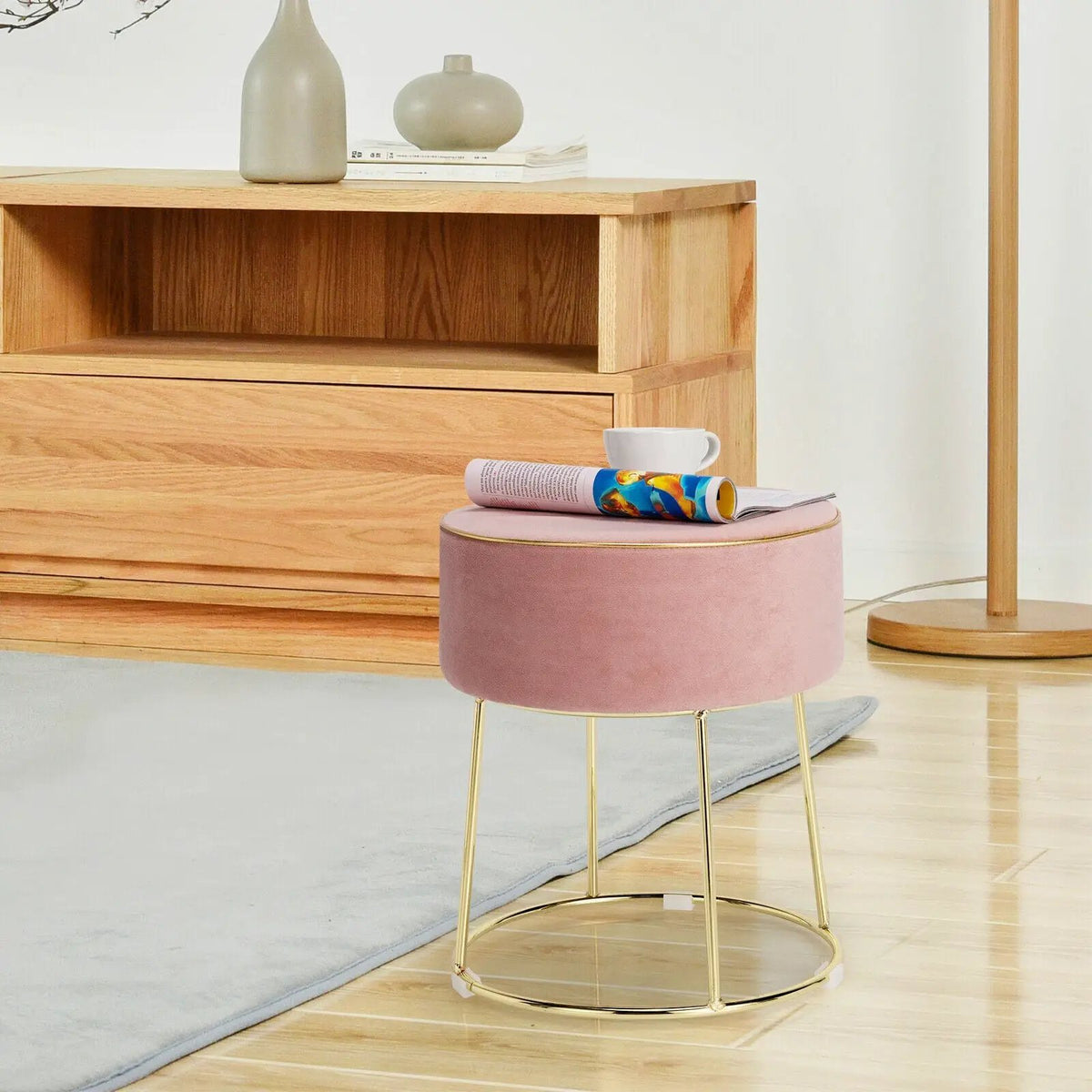Round Velvet Footrest Stool Ottoman with Non-Slip Foot Pads for Bedside, photo 12 of 16