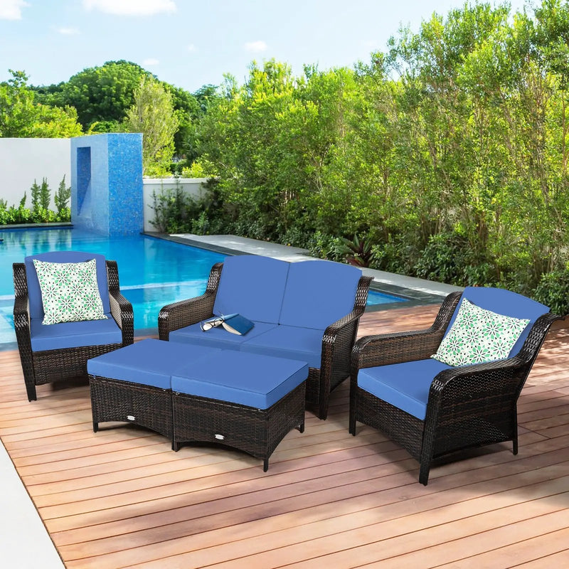 5 Pieces Patio Rattan Sofa Set with Cushion and Ottoman by DirectDeals