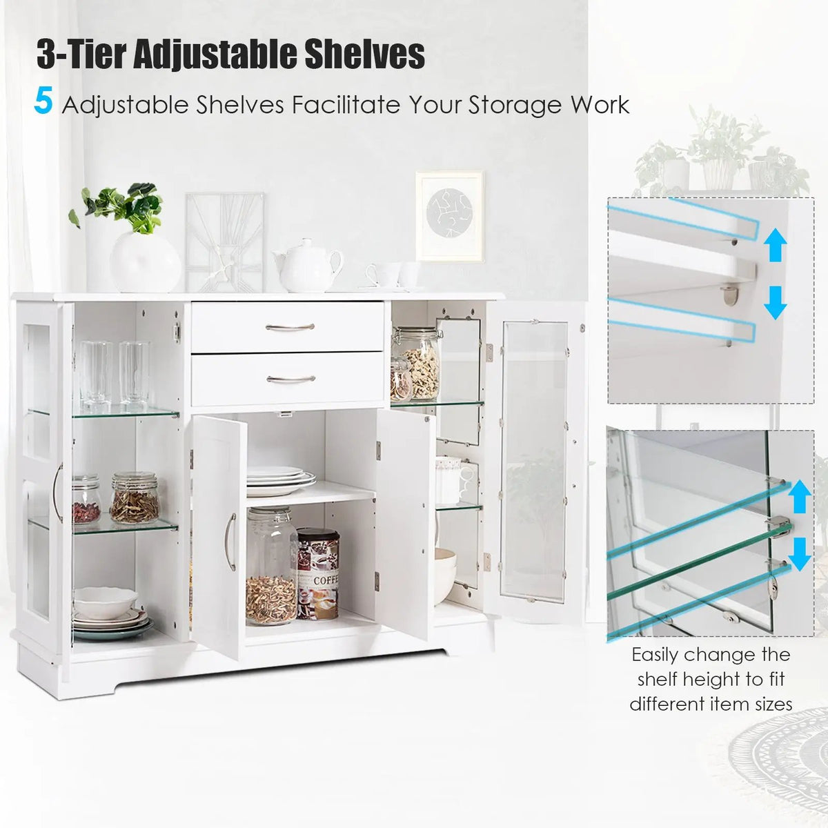 Sideboard Buffet Server Storage Cabinet with 2 Drawers and Glass Doors, photo 8 of 9