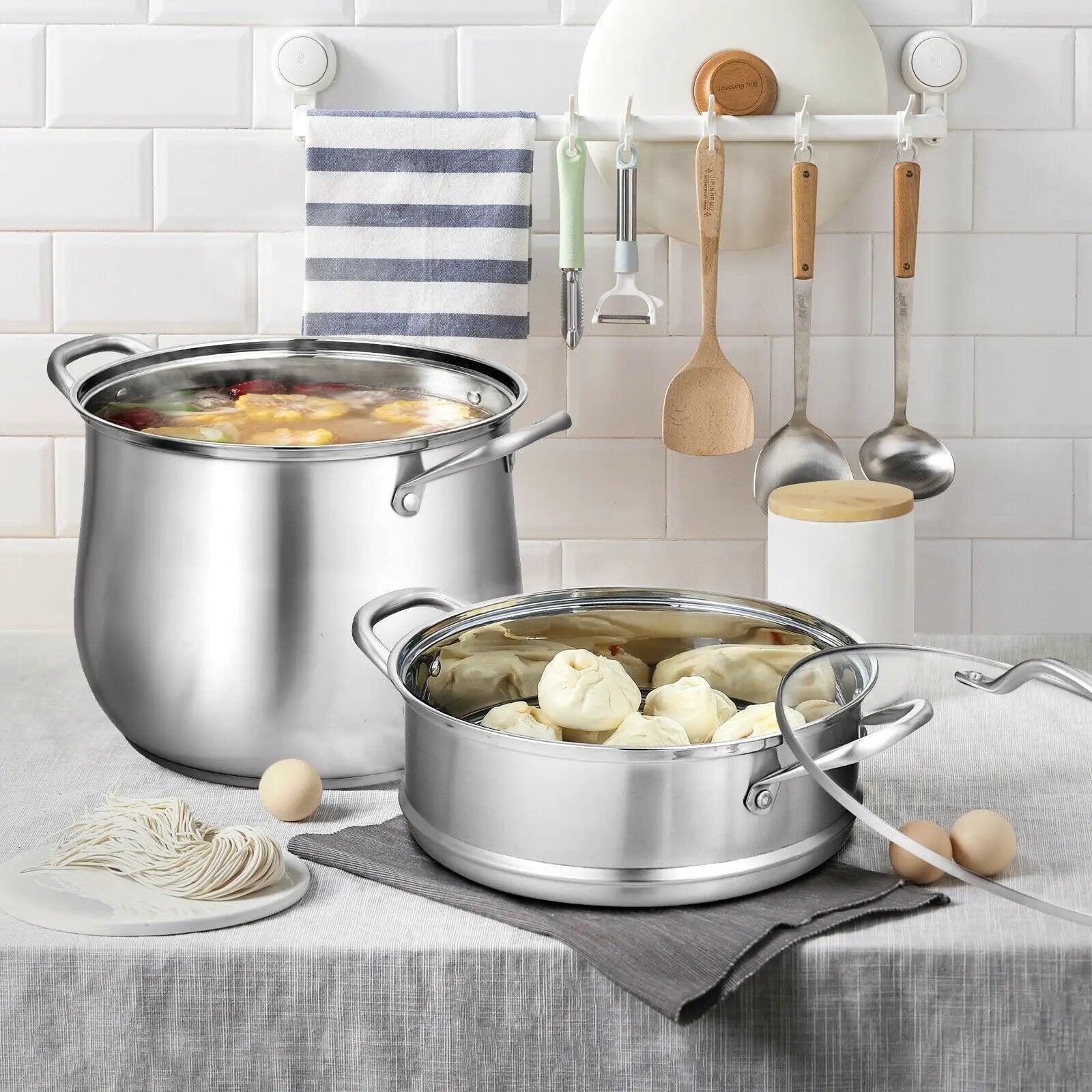 2-Tier Steamer Pot Saucepot Stainless Steel with Tempered Glass Lid by DirectDeals