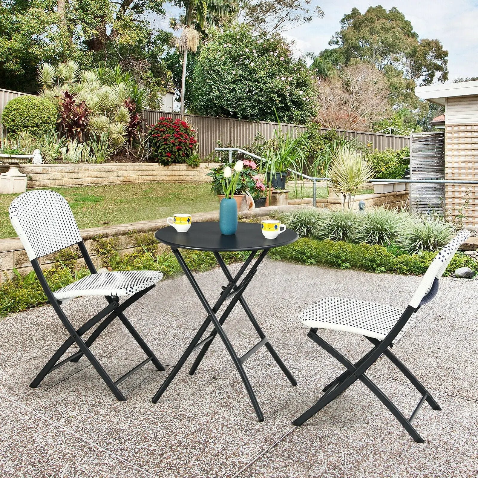 3 Pieces Patio Rattan Bistro Set with Round Dining Table and 2 Chairs by DirectDeals