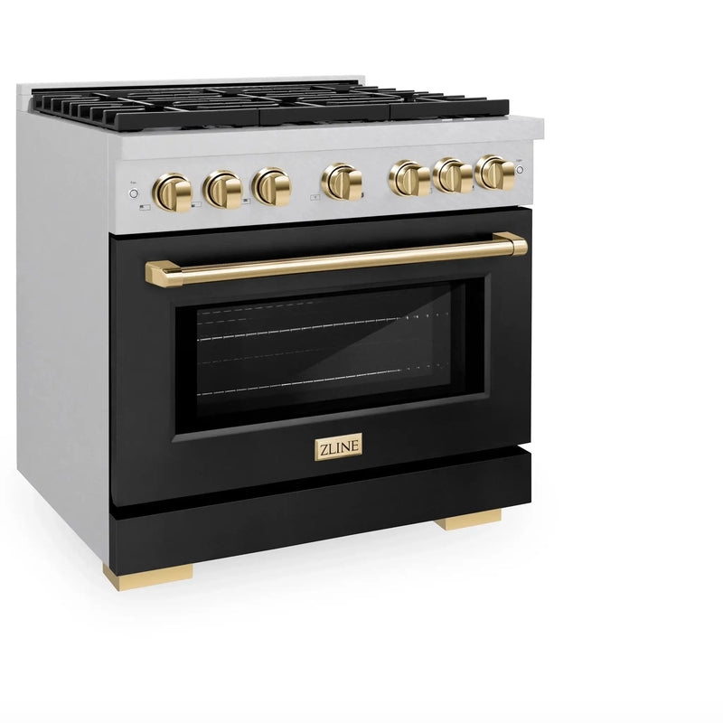 ZLINE 36"Paramount Dual Fuel Range DuraSnow® Black Matte, Gold SDRSZ-BLM-36-G by Farmhouse Kitchen and Bath