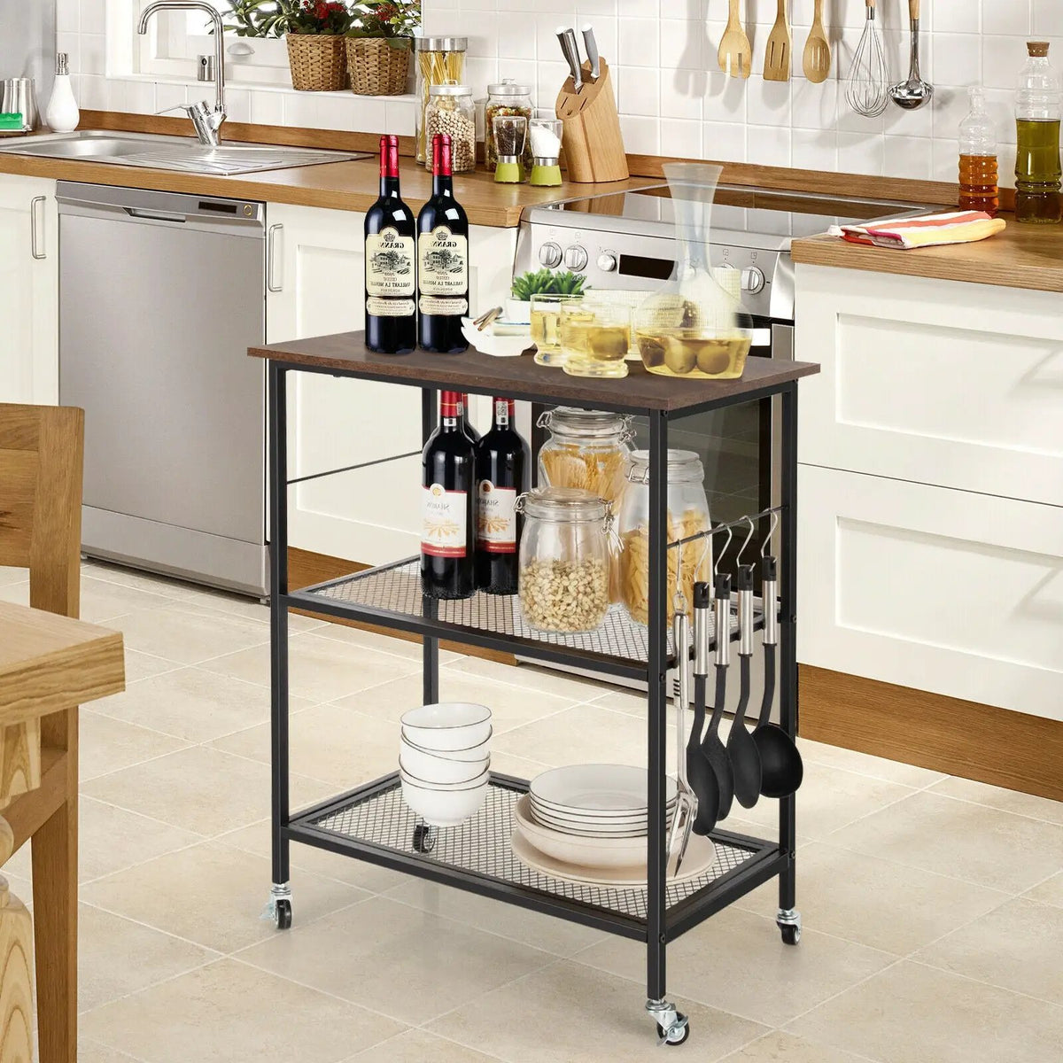 3-Tier Kitchen Serving Cart Utility Standing Microwave Rack with Hooks, photo 7 of 9