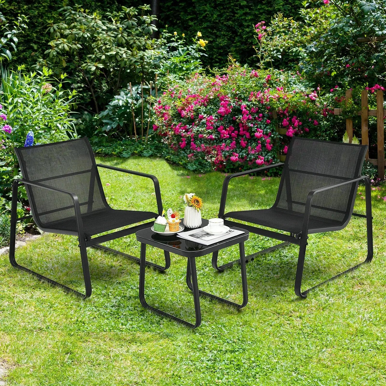 3 Pieces Patio Bistro Furniture Set with Glass Top Table Garden Deck-Black by DirectDeals